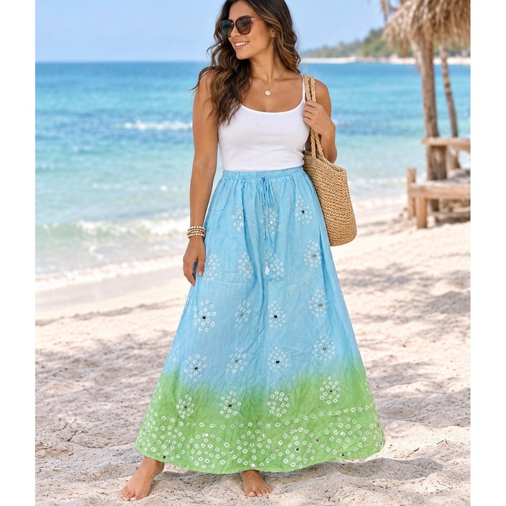 Womens Blue Green Maxi Skirt 8 Boho Tie Dye Mirror Embellished Drawstring Beach